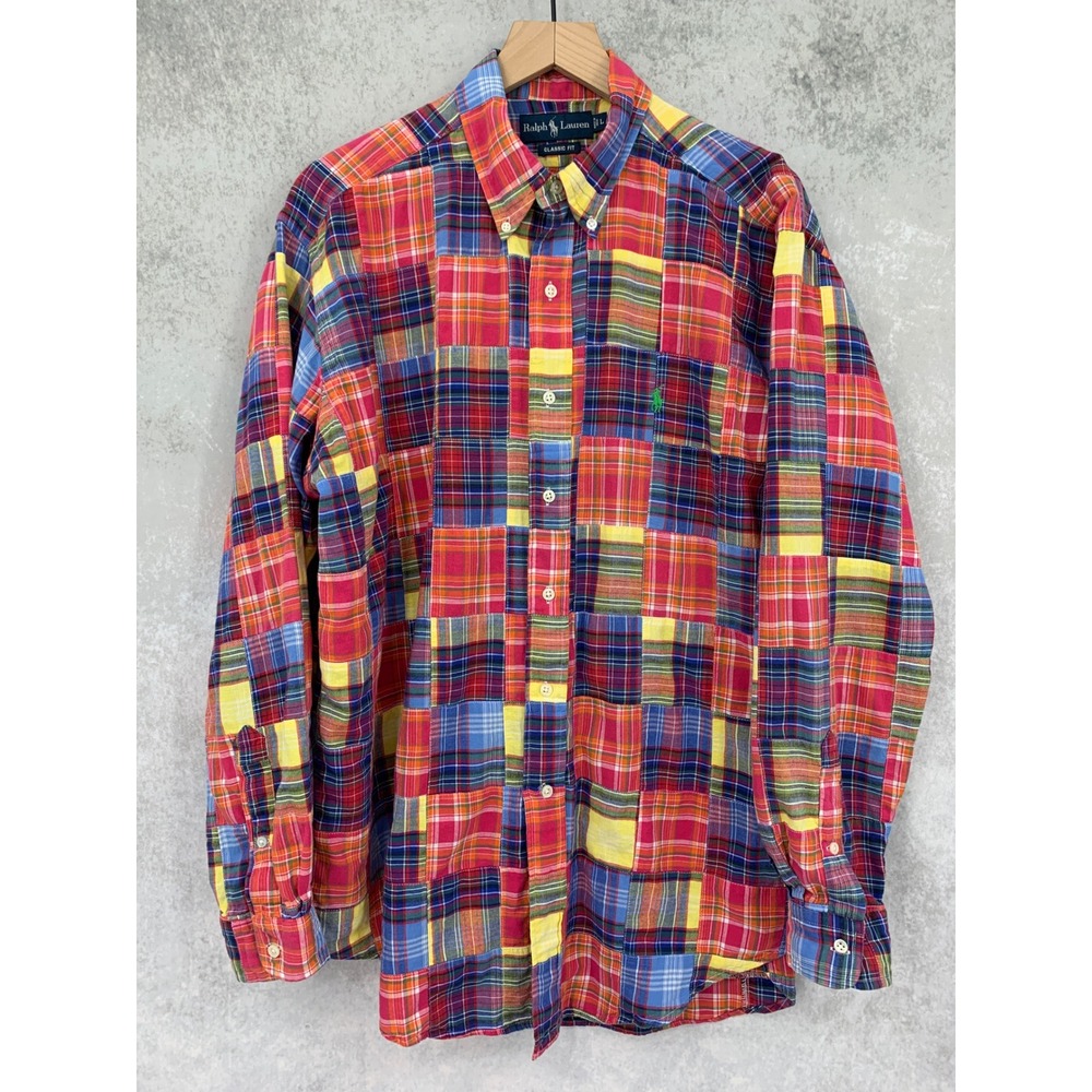 Ralph Lauren Shirt Mens Large Red Blue Patchwork Indian Madras Plaid Preppy